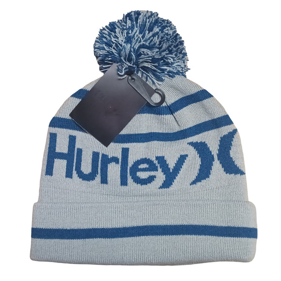 Hurley Ragland Gray Blue Pom Beanie Knit Winter Hat Cuffed Acrylic One Size New - Picture 7 of 12